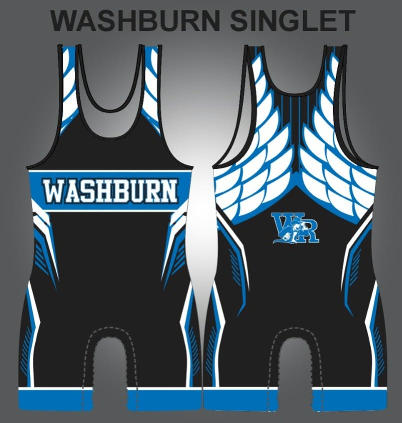 Washburn Rural black and blue winged singlet front and back manufacturing artwork