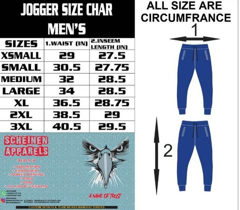 Jogger Men manufacturer size chart in inches