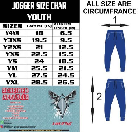 Jogger Youth manufacturer size chart in inches