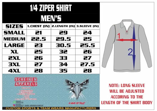 Quarter zip Men manufacturer size chart in inches