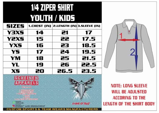 Quarter zip Youth manufacturer size chart in inches