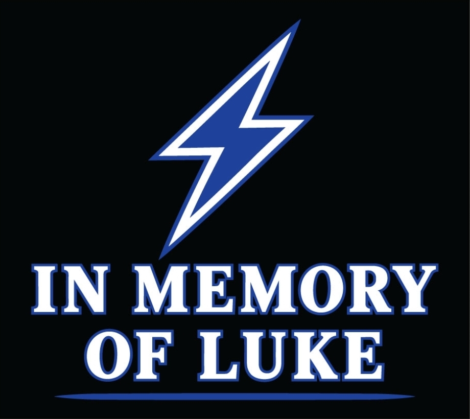 Blue lightning bolt above the words In Memory of Luke, for the left front chest.